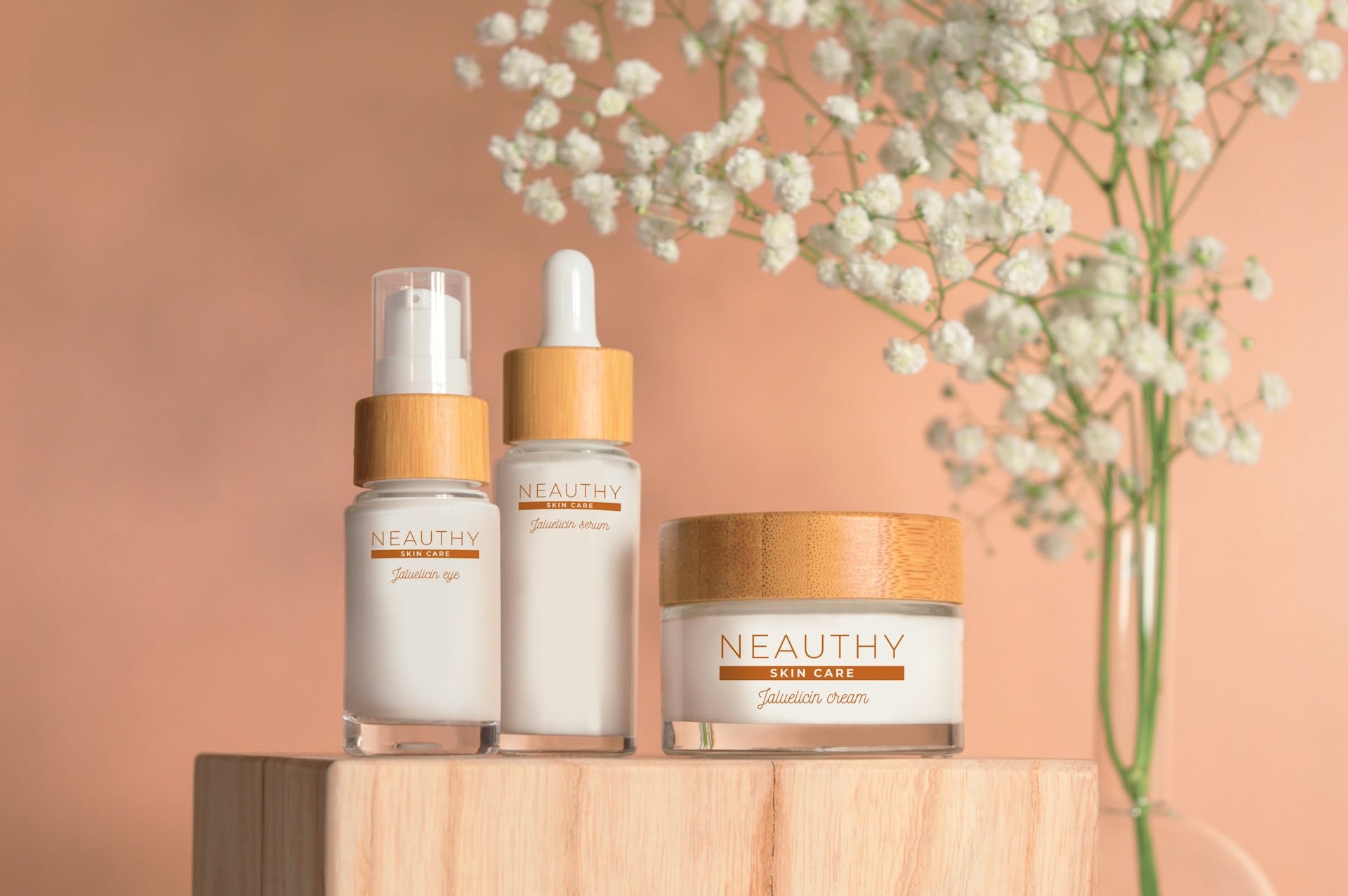 White skincare bottles with bamboo caps