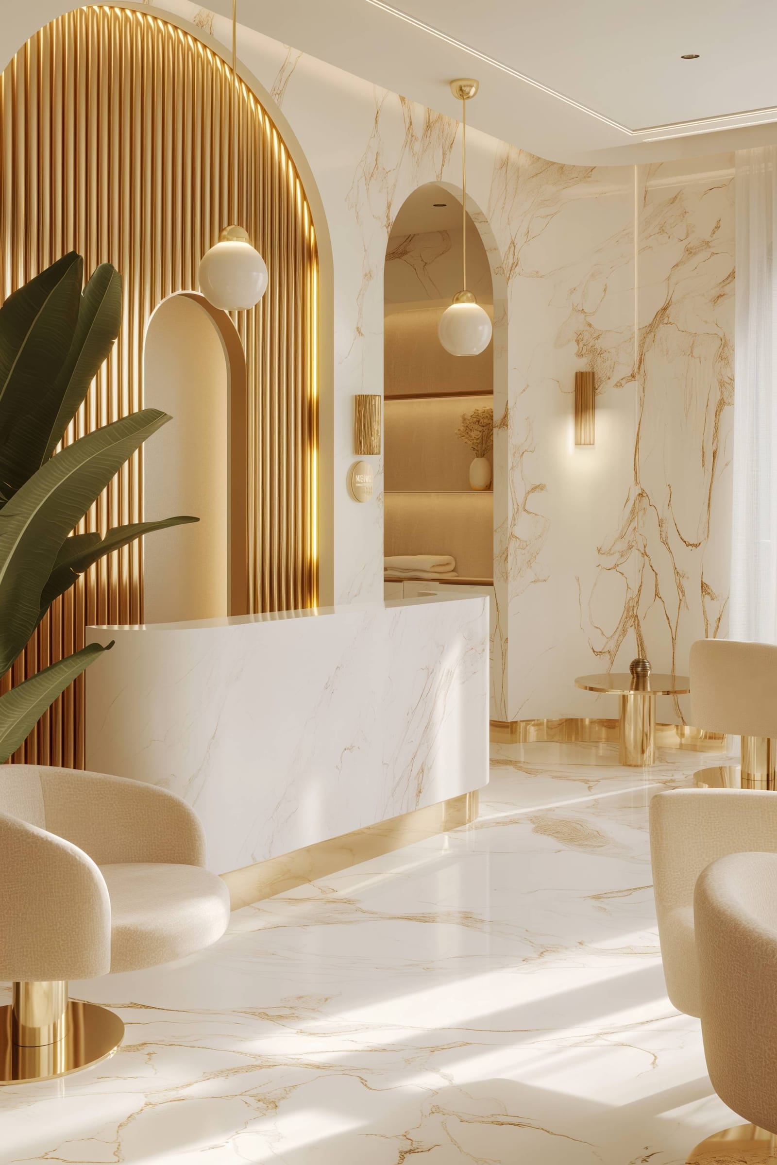 The gold-arched reception of Maison Belle